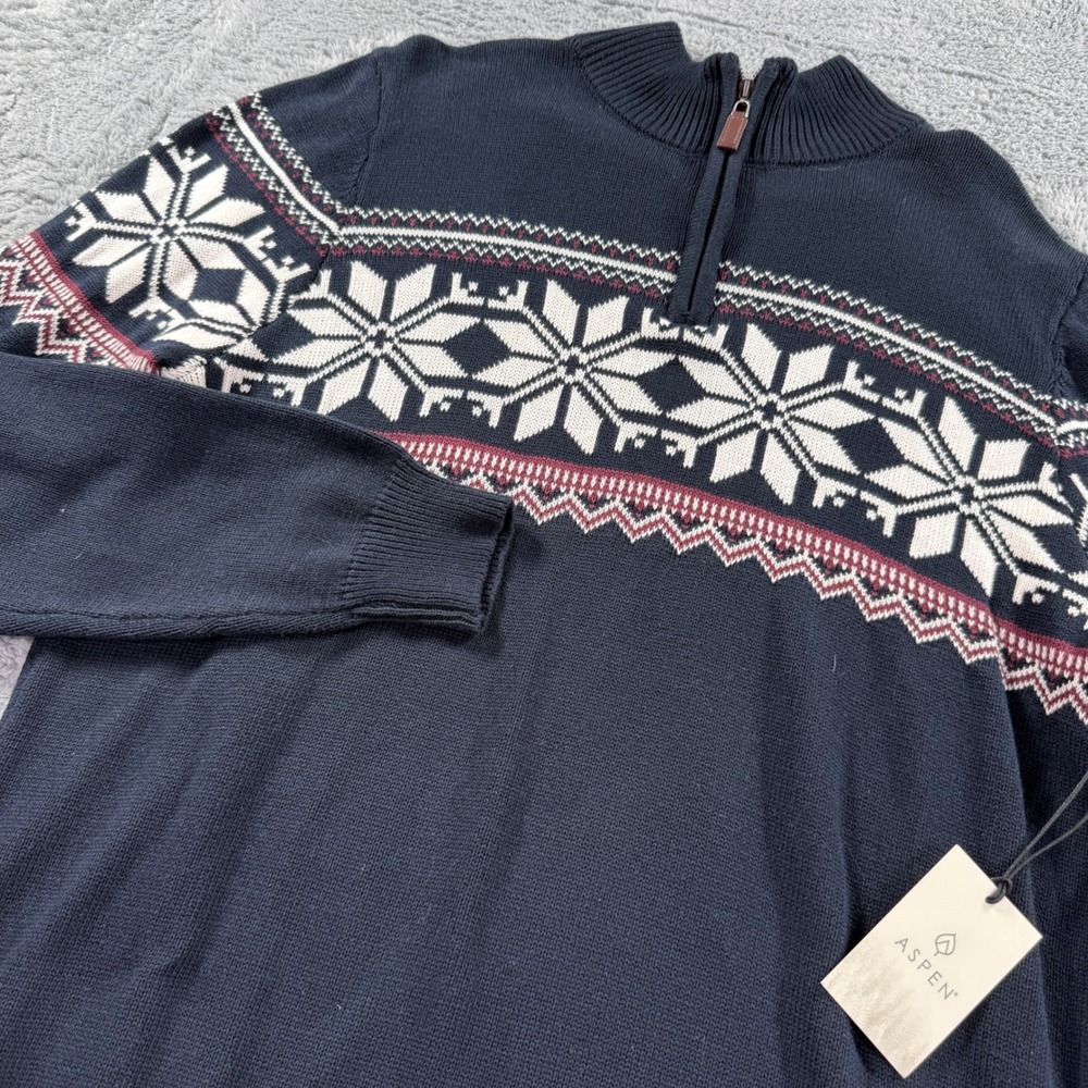 Aspen Mens Navy Blue Fair Isle Snowflake Quarter Zip Sweater Large NWT